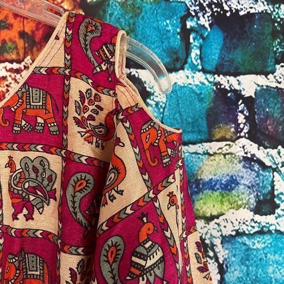 Vintage Handmade Cold Shoulder Peacock Elephant Print Dress Large - Picture 3 of 8